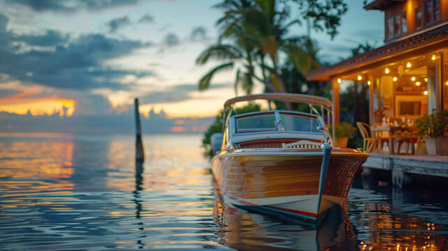 Evening dining at a waterfront dock with a cabin cruiser