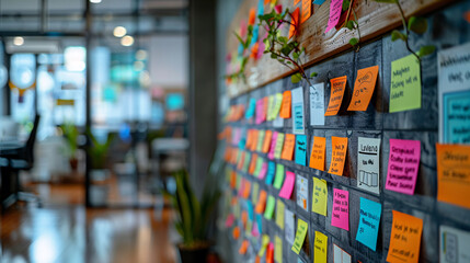 Creative project planning with sticky notes in an office