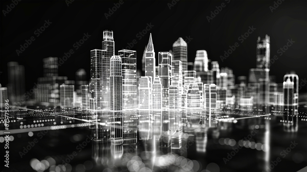 Poster a digital representation of a modern city, rendered in wireframe against a dark background, with glo