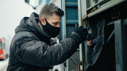 Man Wearing Black Jacket and Mask Accessing Truck Cargo