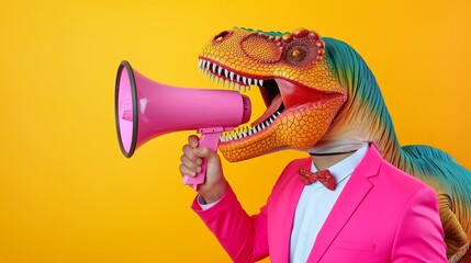 A man in a pink suit is holding a giant pink microphone and making a loud noise. The image is meant to be humorous and playful, as it combines the idea of a dinosaur with a modern-day scenario