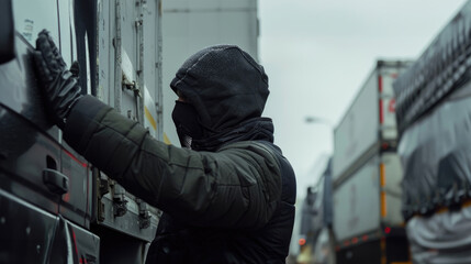 Man Wearing Black Jacket and Mask Accessing Truck Cargo