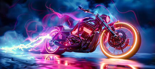 A sleek futuristic motorcycle with glowing tires races through neon clouds, leaving a trail of vibrant light behind