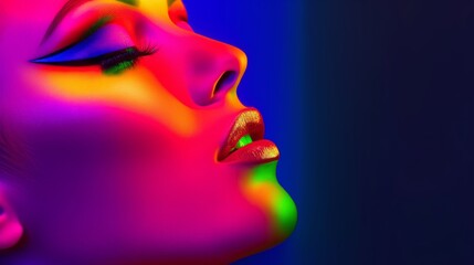 A woman's face is painted with bright colors and glitter. The image has a vibrant and energetic mood, with the colors and glitter giving it a fun and playful feel. The woman's makeup is bold