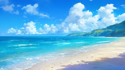 Obraz premium Tranquil Lake Scene with Lush Green Hills and Fluffy Clouds