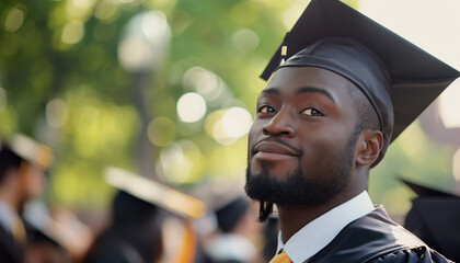 Fototapeta premium A young man wearing a graduation cap and gown smiles confidently, reflecting pride and achievement