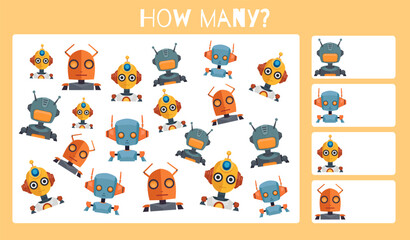 Educational game vector template. Count how many identical robots there are. I spy game worksheet for kindergarten and primary school children. Cyborg toys