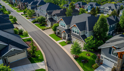 Aerial view of a suburban neighborhood with modern houses, neatly landscaped yards, and tree-lined streets
