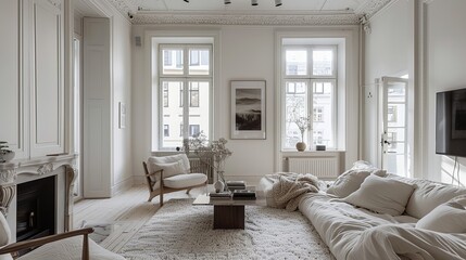 A Modern White Living Room With a Large White Couch and a Fireplace