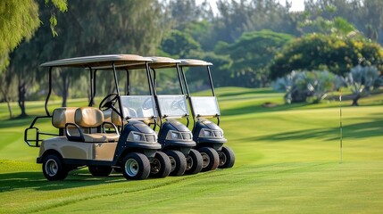 Three Golf Carts Parked on a Green Golf Course in the Daytime