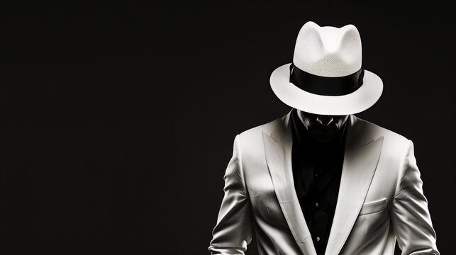 A man wearing a white hat and a white suit is standing in front of a black background. Concept of mystery and elegance, as the man's attire and the hat create a sophisticated and stylish appearance