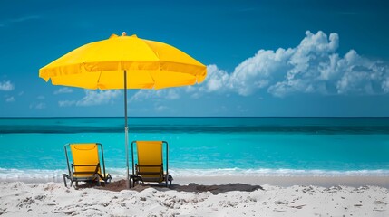 Summer Beachside Holiday with Blue Sky, White Sand, and Yellow Parasol