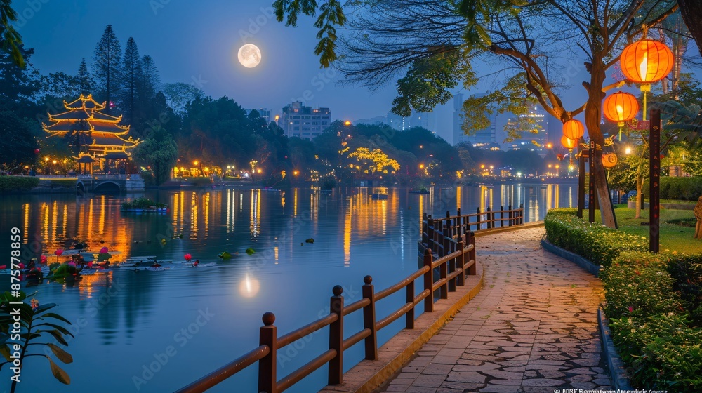 Aufkleber serene moonlit lake reflecting the shimmering moon during the moon festival stock photo with copy sp