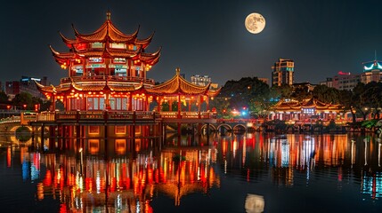 Obraz premium Serene moonlit lake reflecting the shimmering moon during The Moon Festival Stock Photo with copy space