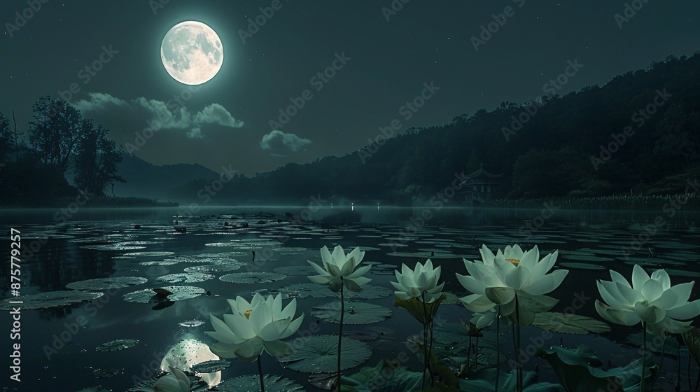 Aufkleber tranquil lotus pond shimmering under the moon's reflection symbolizing purity and harmony during the