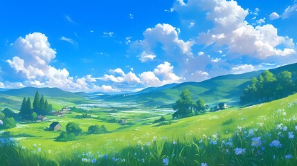 A beautiful green meadow with mountains in the background under a clear blue sky with white clouds