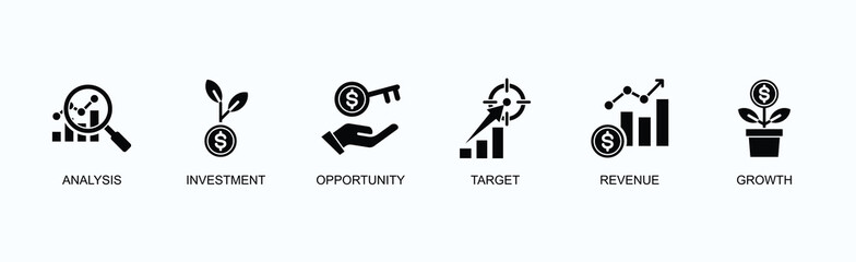 Market Research Banner Web Icon Vector Illustration Concept With Analysis, Investment, Opportunity, Target, Revenue, Growth