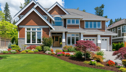 A modern suburban house with a well-maintained garden and lush green lawn under a bright blue sky