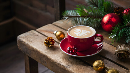 A red coffee cup with a white saucer sits on a wooden table