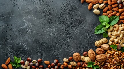 An assortment of nuts and seeds arranged on a dark stone background with green leaves.