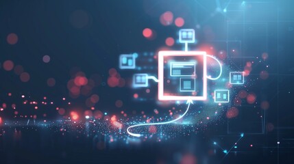 Glowing data points and icons on a dark blue backdrop, illustrating cyber security in digital art.