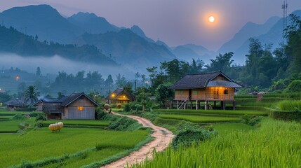 Obraz premium Peaceful countryside landscape under a moonlit sky with traditional houses and lanterns adding charm to The Moon Festival atmosphere Stock Photo with copy space