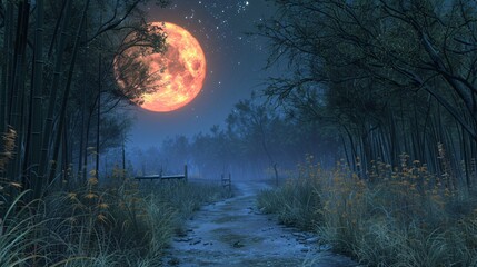 Fototapeta premium Idyllic bamboo forest glowing under the moon's radiance creating a serene backdrop for The Moon Festival's cultural celebrations Stock Photo with copy space