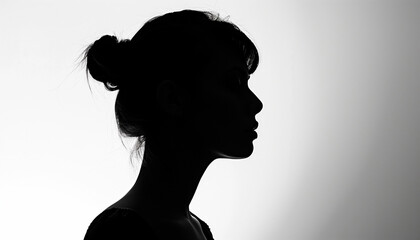 Black and white profile silhouette of a woman with a bun hairstyle, set against a gradient background