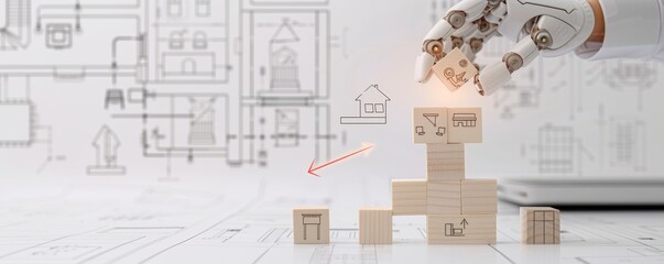 Futuristic Home Pricing Trends: Robotic Hand Building Upward Spiraling Tower of Wooden Blocks with Glowing Arrow - Minimalistic Concept