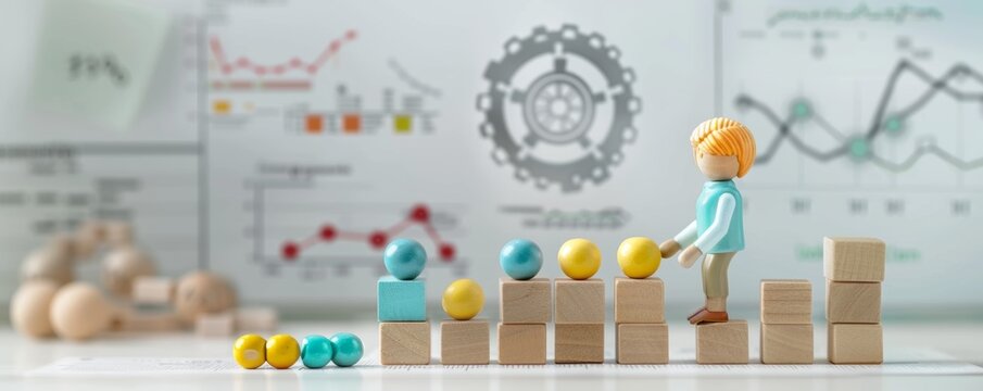 Data-driven Business Metrics Concept: Businesswoman Using Wooden Abacus with Holographic Gears and Line Graph on Circuit Board Backdrop