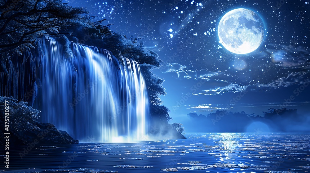 Aufkleber cascading waterfall illuminated by moonlight a natural spectacle admired during the moon festival fo