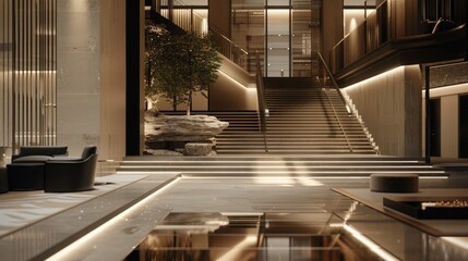 Fototapeta premium Architectural details of a luxury hotel lobby, with a grand staircase and minimalist decor emphasizing natural materials and soft lighting.