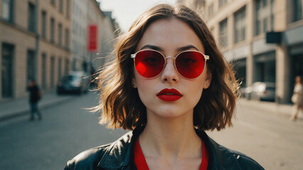 a sophisticated woman with thick sunglasses and red lipstick