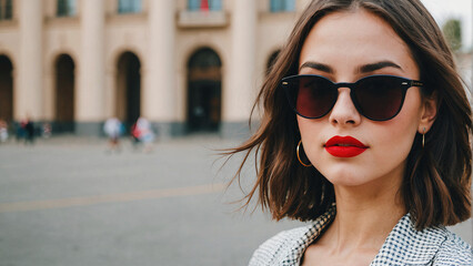 a sophisticated woman with thick sunglasses and red lipstick