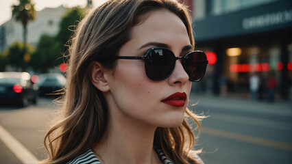 a sophisticated woman with thick sunglasses and red lipstick