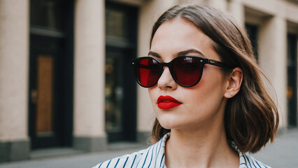 a sophisticated woman with thick sunglasses and red lipstick