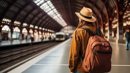 Naklejka premium Traveler Waiting at the Train Station Platform