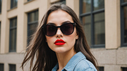 a sophisticated woman with thick sunglasses and red lipstick