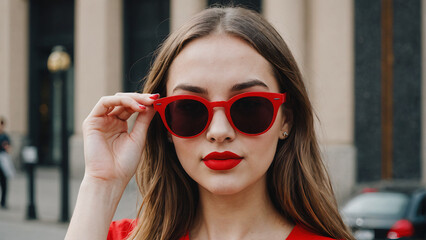 a sophisticated woman with thick sunglasses and red lipstick