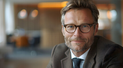 Fototapeta premium Business Development: A business consultant in a modern office, developing business strategies with selective focus on key points and a soft blur background for clarity