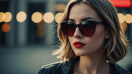 a sophisticated woman with thick sunglasses and red lipstick