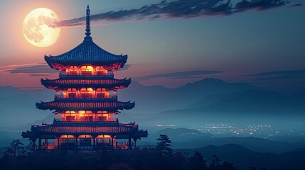 Obraz premium Ornate pagoda glowing with lanterns and moonlight a spiritual centerpiece during The Moon Festival's nighttime celebrations Stock Photo with copy space
