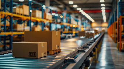 Packages Moving on Conveyor Belt in a Fast-Paced Warehouse