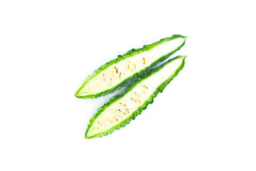 Bitter gourd fruit with cut in half isolated on white background, Organic vegetable, Herbal plant, Food ingredient