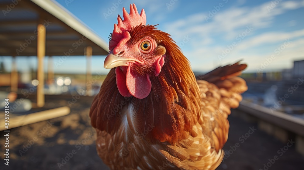 Canvas Prints a chicken with a yellow beak is standing in front of a building.