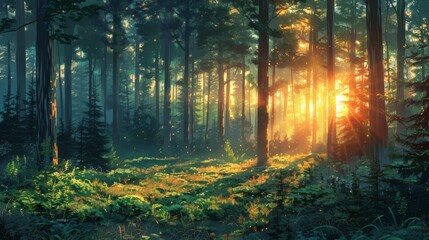 Glowing Summer Solstice Sunlight Streams Through Dense Green Forest