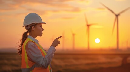 A female engineer in a hard hat and safety vest stands in front of a wind farm at sunset, pointing towards the wind turbines.