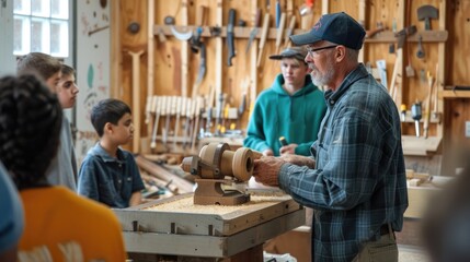 A skilled woodworker demonstrates lathe techniques to a group of engaged young apprentices in a well-equipped workshop. AIG41