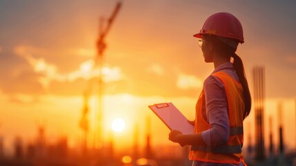 A female construction worker in a hard hat and safety vest stands at a construction site, holding a clipboard and looking towards the sunset.