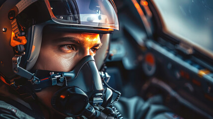 Fototapeta premium Close-Up of Fighter Jet Pilot in Control Cockpit